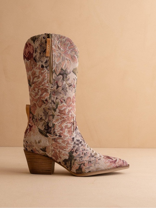 Oasis Society Shoes - Floral Embroidered Pointed-Toe Heeled Boot - Pink Multi